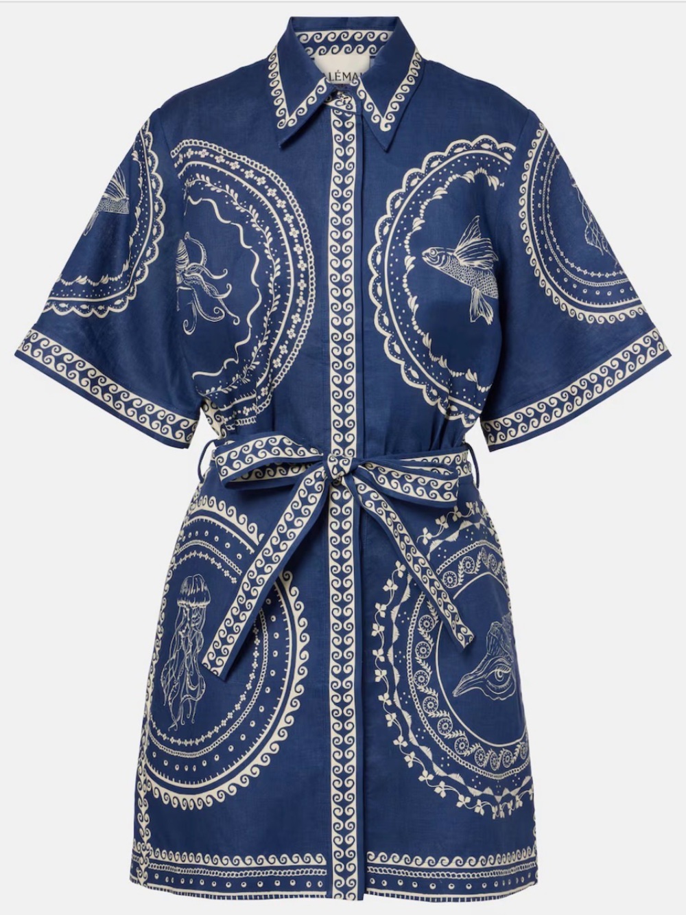 Alemais Oceane belted printed linen mini shirt dress Size 4 NEW
